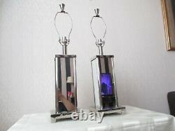 Large Pair Of Vintage Mirrored Chrome Table Lamps With Vintage Shades