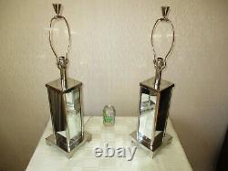 Large Pair Of Vintage Mirrored Chrome Table Lamps With Vintage Shades