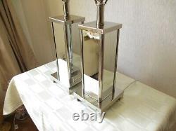 Large Pair Of Vintage Mirrored Chrome Table Lamps With Vintage Shades