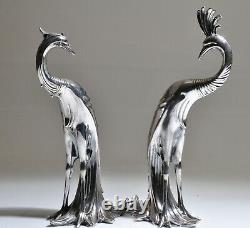 Large Vintage PAIR Art Deco WB Silver-plated Peacock Sculptures Figurines