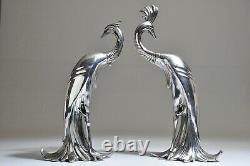 Large Vintage PAIR Art Deco WB Silver-plated Peacock Sculptures Figurines