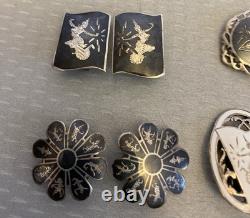 Lot 12 Pair Vintage Siam Sterling Clip On Earrings Niello Enamel Dancer Goddess