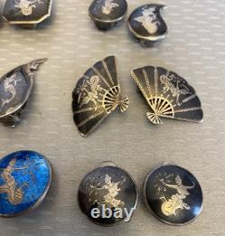 Lot 12 Pair Vintage Siam Sterling Clip On Earrings Niello Enamel Dancer Goddess