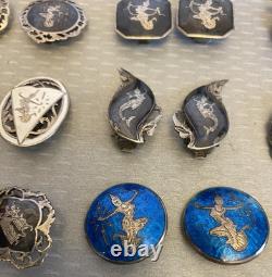 Lot 12 Pair Vintage Siam Sterling Clip On Earrings Niello Enamel Dancer Goddess