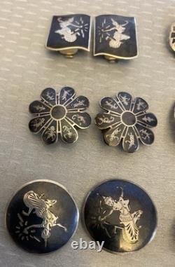 Lot 12 Pair Vintage Siam Sterling Clip On Earrings Niello Enamel Dancer Goddess