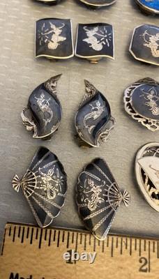 Lot 12 Pair Vintage Siam Sterling Clip On Earrings Niello Enamel Dancer Goddess