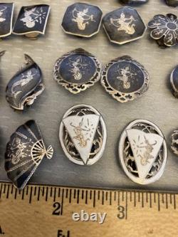 Lot 12 Pair Vintage Siam Sterling Clip On Earrings Niello Enamel Dancer Goddess