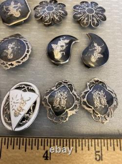 Lot 12 Pair Vintage Siam Sterling Clip On Earrings Niello Enamel Dancer Goddess