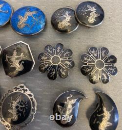 Lot 12 Pair Vintage Siam Sterling Clip On Earrings Niello Enamel Dancer Goddess