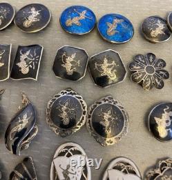 Lot 12 Pair Vintage Siam Sterling Clip On Earrings Niello Enamel Dancer Goddess