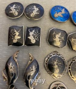 Lot 12 Pair Vintage Siam Sterling Clip On Earrings Niello Enamel Dancer Goddess