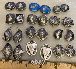 Lot 12 Pair Vintage Siam Sterling Clip On Earrings Niello Enamel Dancer Goddess