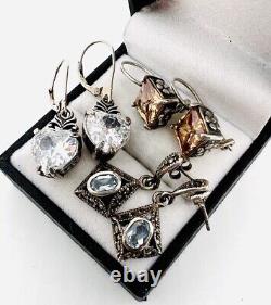 Lot 3 Pair Sterling Silver Drop Dangle Earrings Gemstone 15.5gm Vintage Jewelry