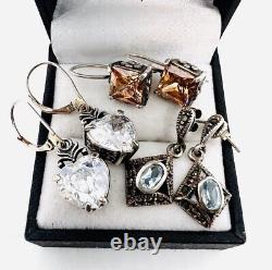 Lot 3 Pair Sterling Silver Drop Dangle Earrings Gemstone 15.5gm Vintage Jewelry