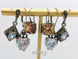 Lot 3 Pair Sterling Silver Drop Dangle Earrings Gemstone 15.5gm Vintage Jewelry