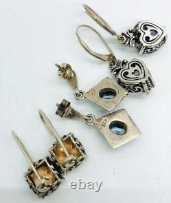 Lot 3 Pair Sterling Silver Drop Dangle Earrings Gemstone 15.5gm Vintage Jewelry