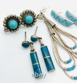 Lot 4 Pair Sterling Silver & Turquoise Native American Earrings Vintage Jewelry