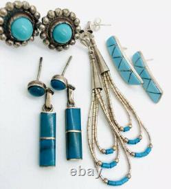 Lot 4 Pair Sterling Silver & Turquoise Native American Earrings Vintage Jewelry