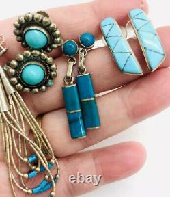 Lot 4 Pair Sterling Silver & Turquoise Native American Earrings Vintage Jewelry