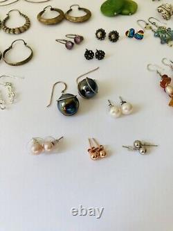 Lot Of 21 Pairs Vintage Sterling Silver 925 Dangle Hoop Stud Earrings Jewelry
