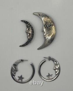 Lot VTG Sterling Silver 925 Taxco MEXICO Man in Moon Brooches Earrings Crescent