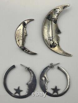 Lot VTG Sterling Silver 925 Taxco MEXICO Man in Moon Brooches Earrings Crescent