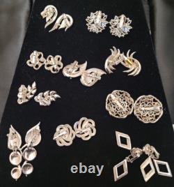 Lot of 10 Vintage Crown Trifari Silver Tone Earrings