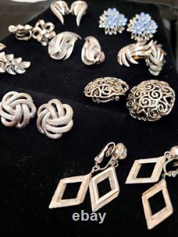Lot of 10 Vintage Crown Trifari Silver Tone Earrings