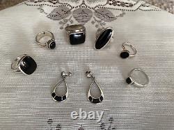 Lot of 6 Vintage/Estate Find Sterling Rings and 1 pair Earrings, withBlack Stones