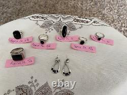 Lot of 6 Vintage/Estate Find Sterling Rings and 1 pair Earrings, withBlack Stones