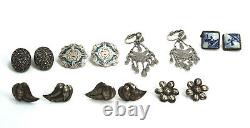 Lot of 7 Pairs Vintage Sterling Silver Clip On Earrings Marcasite, Delft & More