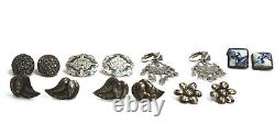 Lot of 7 Pairs Vintage Sterling Silver Clip On Earrings Marcasite, Delft & More