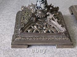 Lovely Pair Antique / Vintage -silver Plated Ceramic Candlesticks -7 1/4 Inch