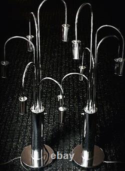 Matched Pair Vintage Mid Century Chrome 5 Bulb Cascading Waterfall Lamps Clover