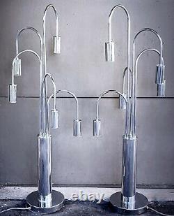 Matched Pair Vintage Mid Century Chrome 5 Bulb Cascading Waterfall Lamps Clover