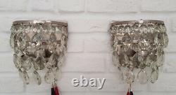 Matching Pair of Antique Vintage Brass & Crystals Wall Sconces Chandelier Lamp