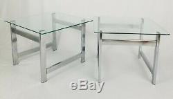 Mid-Century Modern Chrome Metal Glass End Tables Space Age Art Deco Vintage Pair