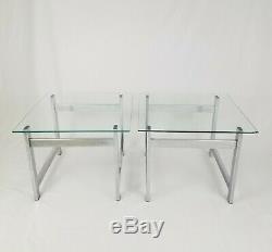 Mid-Century Modern Chrome Metal Glass End Tables Space Age Art Deco Vintage Pair