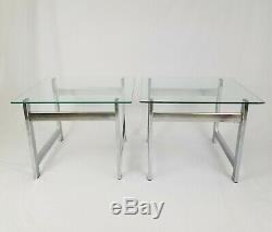 Mid-Century Modern Chrome Metal Glass End Tables Space Age Art Deco Vintage Pair