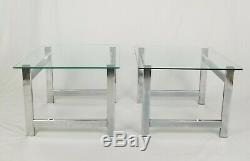 Mid-Century Modern Chrome Metal Glass End Tables Space Age Art Deco Vintage Pair