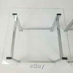 Mid-Century Modern Chrome Metal Glass End Tables Space Age Art Deco Vintage Pair