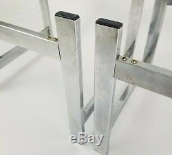 Mid-Century Modern Chrome Metal Glass End Tables Space Age Art Deco Vintage Pair