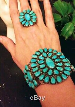 NAVAJO Silver TURQUOISE cluster cuff BRACELET & RING pair VINTAGE