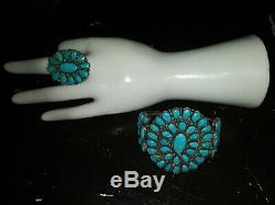 NAVAJO Silver TURQUOISE cluster cuff BRACELET & RING pair VINTAGE