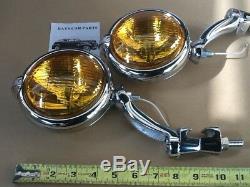 New Pair 12 Volt Small Vintage Style Fog Lights With Fog Cap / Chrome Brackets