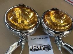 New Pair 12 Volt Small Vintage Style Fog Lights With Fog Cap / Chrome Brackets