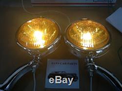 New Pair 12 Volt Small Vintage Style Fog Lights With Fog Cap / Chrome Brackets