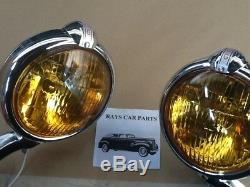 New Pair 12 Volt Small Vintage Style Fog Lights With Fog Cap / Chrome Brackets