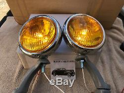 New Pair Of 12 Volt Small Amber Vintage Style Fog Lights With Gray Brackets