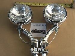 New Pair Of Clear 12 Volt Small Vintage Style Fog Lights With Chrome Brackets